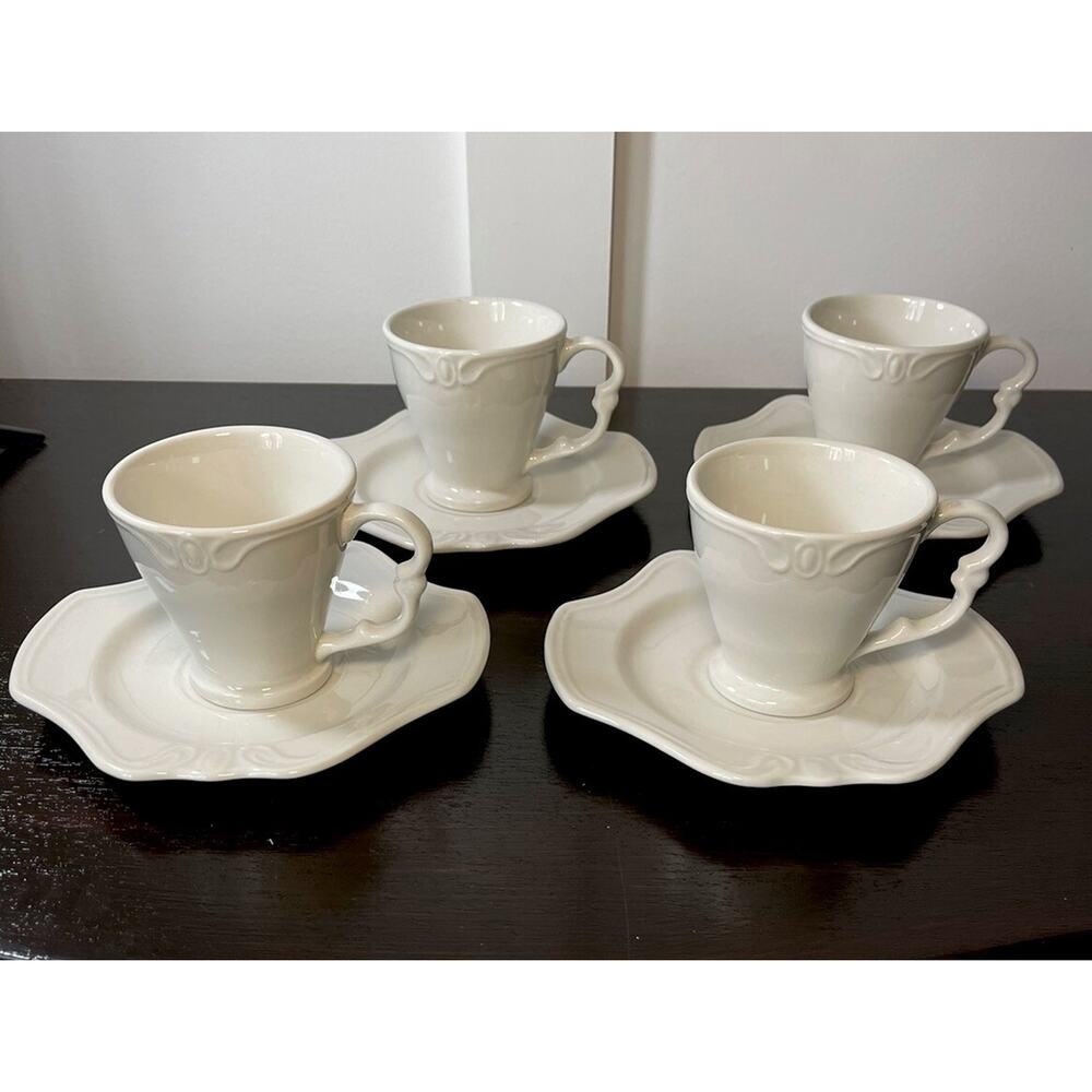 Tabletops Unlimited CHANTILLY Set of 4 Cups & Saucers Off White